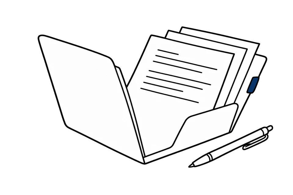 Lijntekening van een open dossiermap met documenten en een pen.