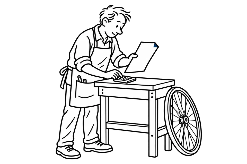 Lijntekening van een fietsenmaker die een berekening naast zijn werkbank bekijkt.
