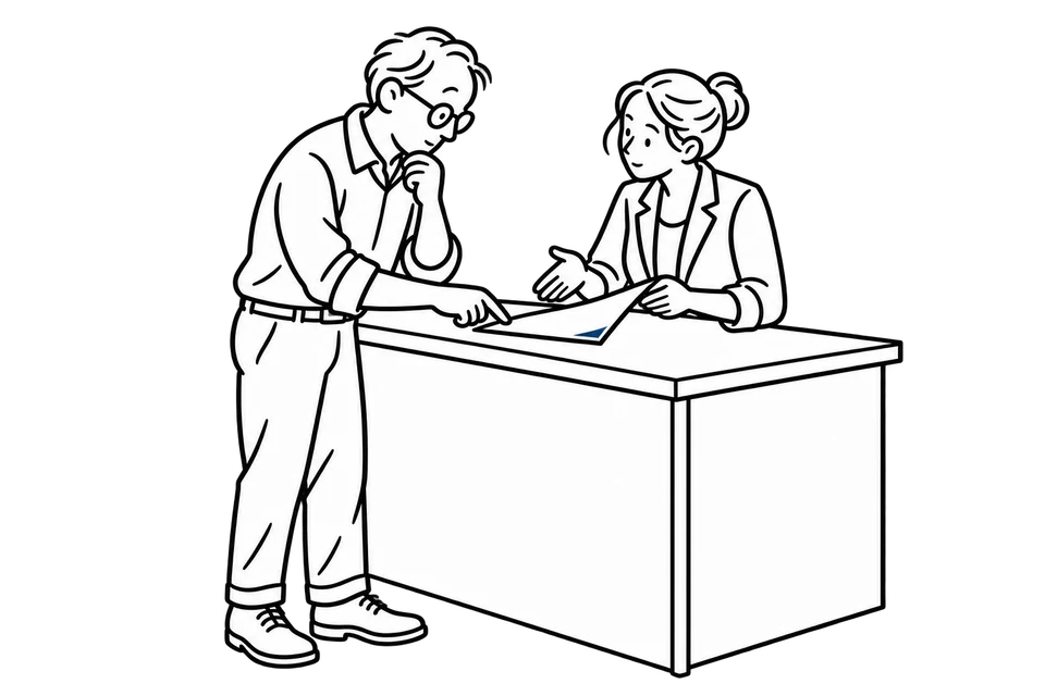 Lijntekening van een ondernemer in gesprek met een medewerker aan een balie.