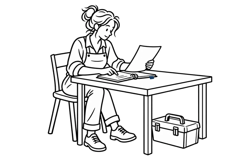 Lijntekening van een ondernemer die haar administratie aan een kleine werktafel bekijkt.