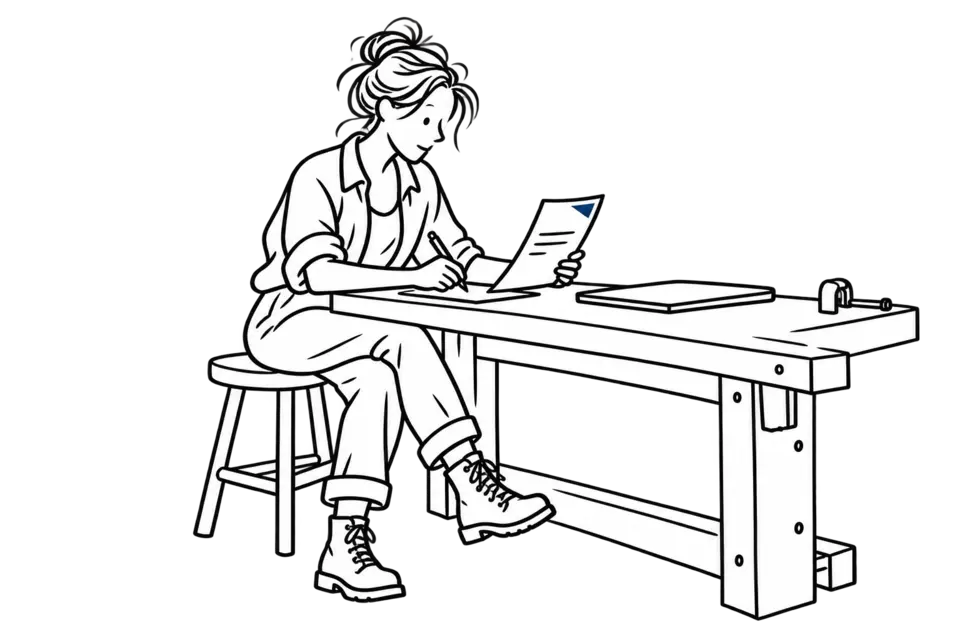 Lijntekening van een zelfstandig meubelmaker die een factuur controleert.